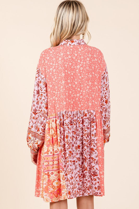 Mittoshop Floral Button Detail Long Sleeve Shirt Dress - felvior