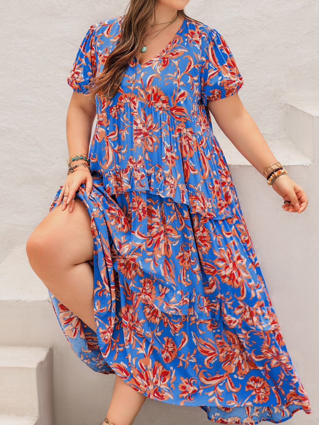 Plus Size Ruffled Printed V-Neck Short Sleeve Maxi Dress