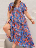 Plus Size Ruffled Printed V-Neck Short Sleeve Maxi Dress