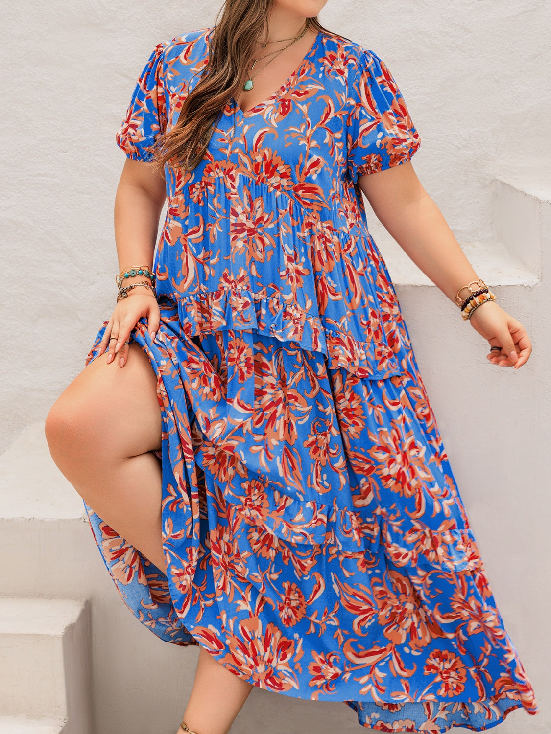 Plus Size Ruffled Printed V-Neck Short Sleeve Maxi Dress