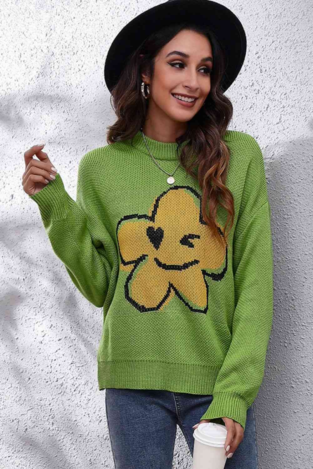 Flower Graphic Drop Shoulder Sweater - felvior