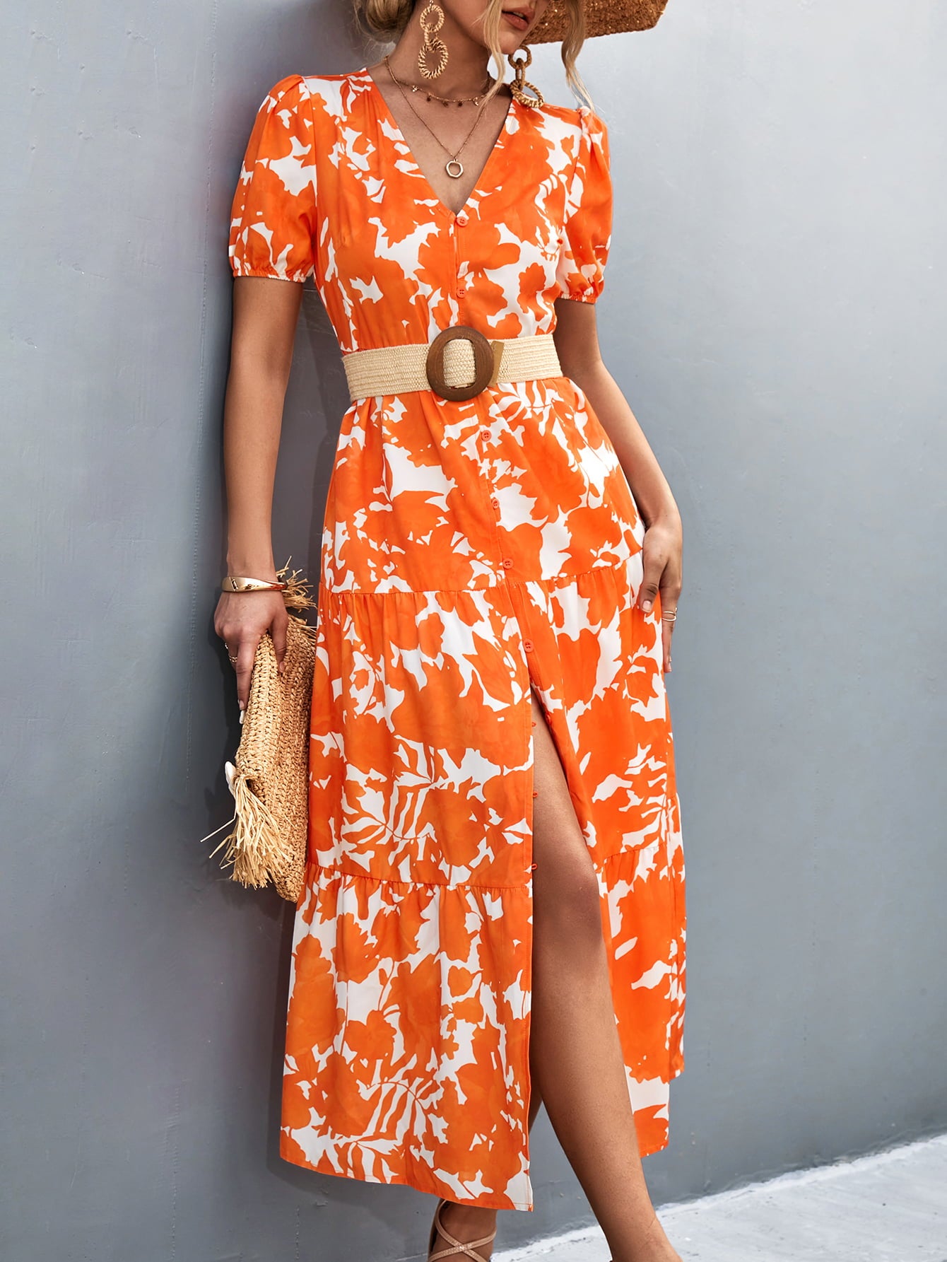 V-Neck Short Sleeve High Slit Midi Dress - felvior