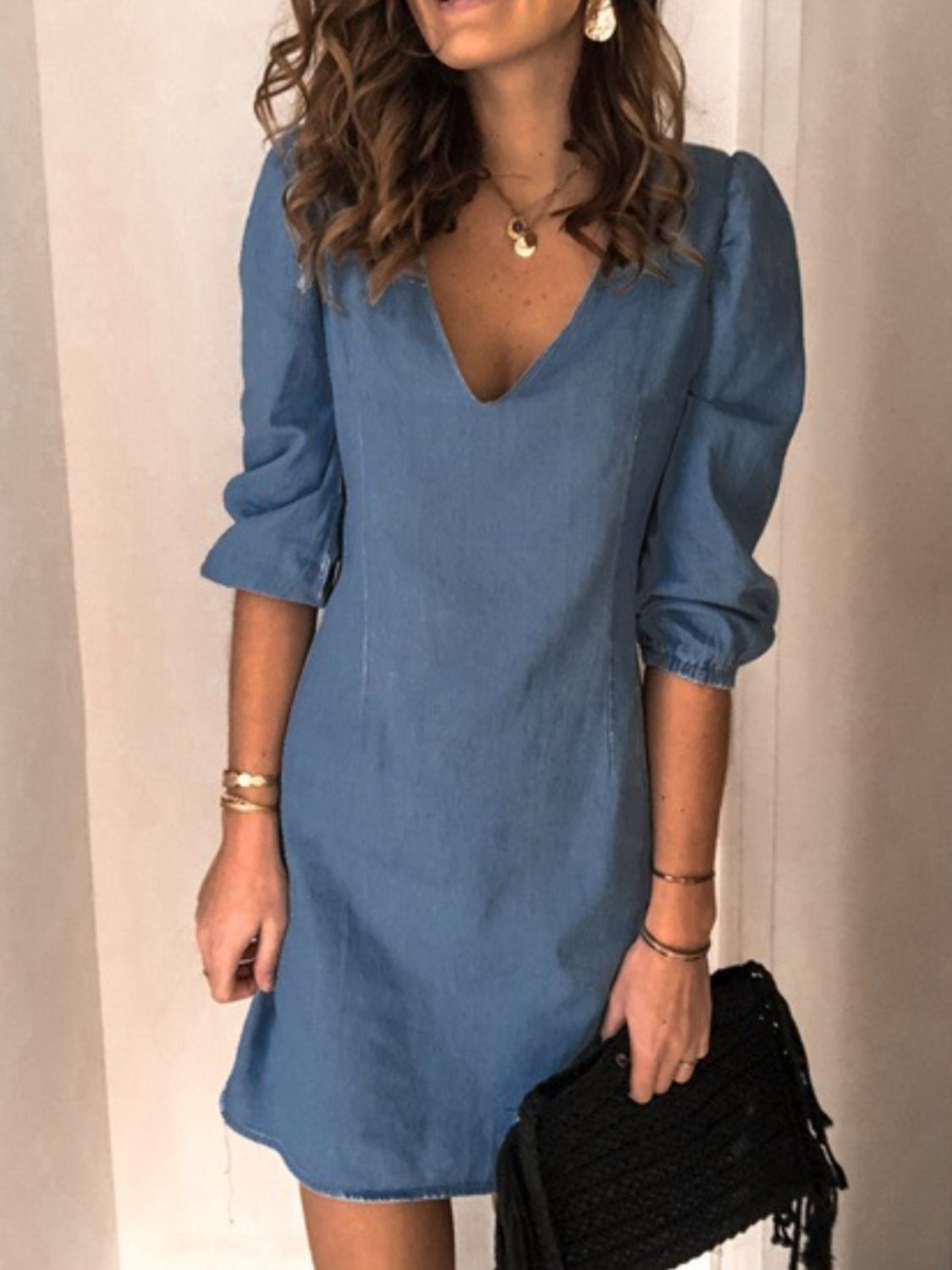 Full Size V-Neck Half Sleeve Dress - felvior