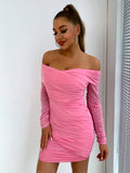 Glitter Ruched Off-Shoulder Long Sleeve Bodycon Dress - felvior