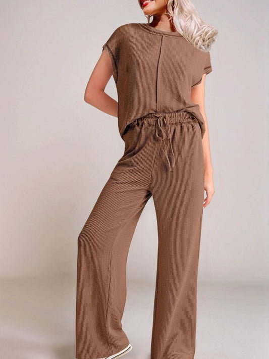 Ribbed Exposed Seam Top and Pants Set - felvior