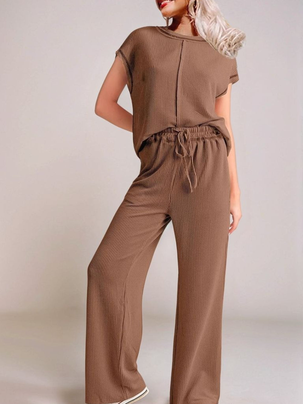 Ribbed Exposed Seam Top and Pants Set - felvior