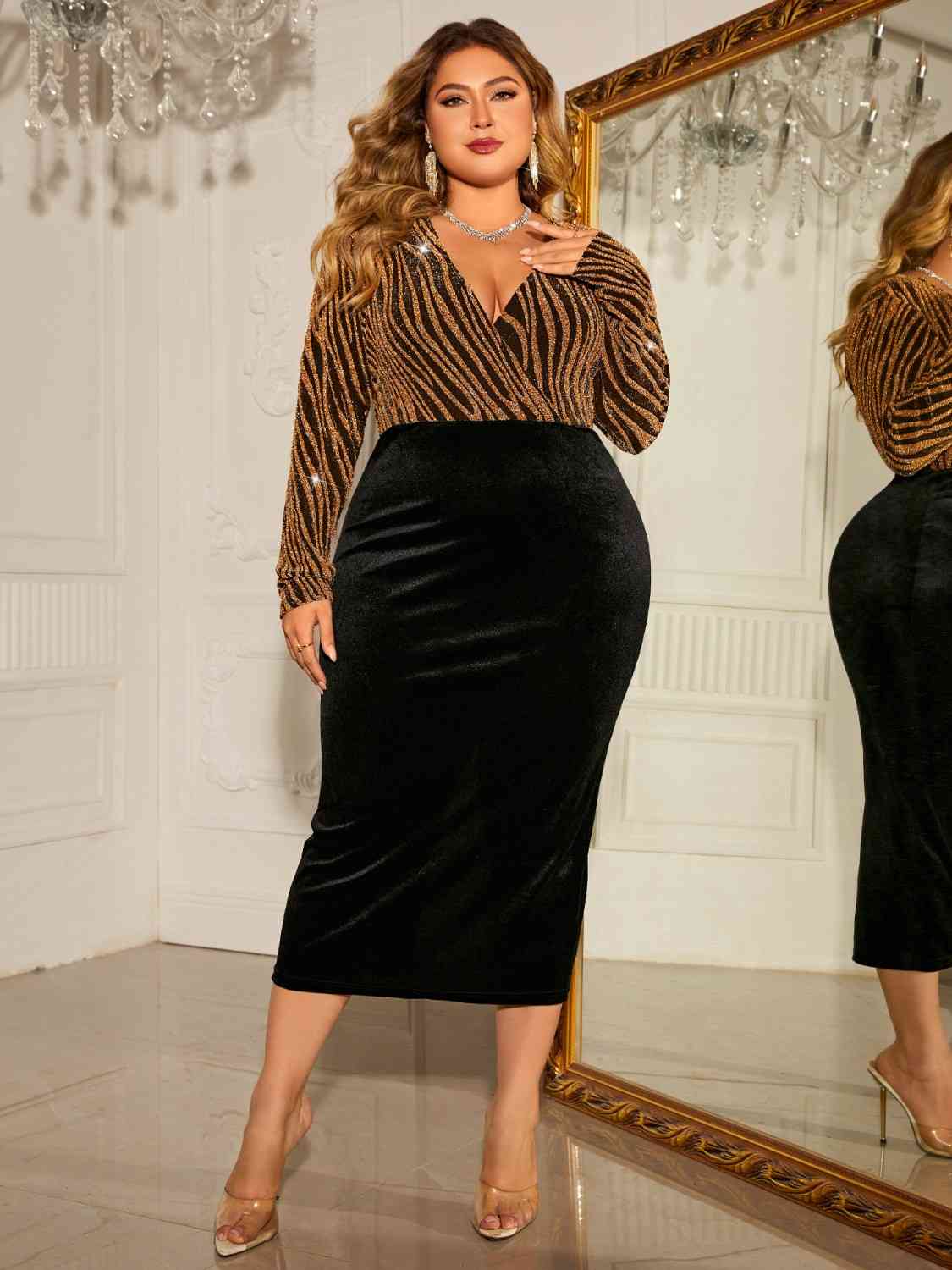 Honey Plus Size Surplice Neck Long Sleeve Slit Dress - felvior