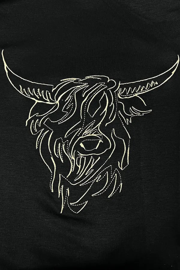 Bull Head Embroidered Round Neck T Shirt - felvior
