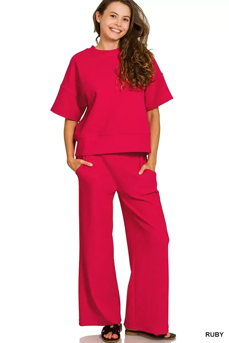 Zenana Ribbed Round Neck Tee & Pants Set
