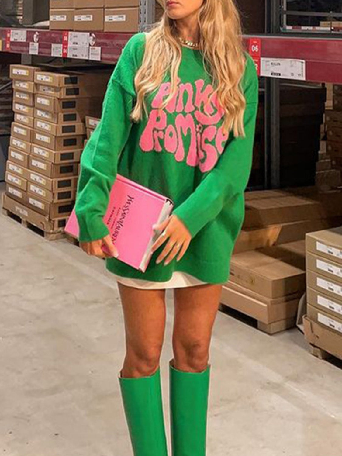 PINKY PROMISE Round Neck Drop Shoulder Sweater - felvior