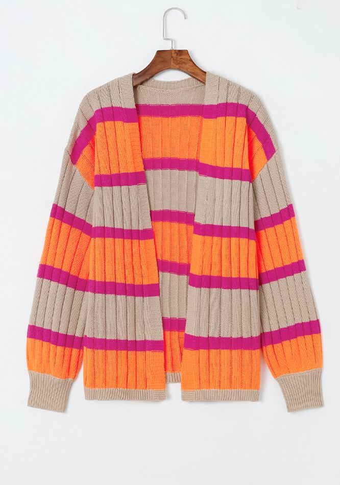 Contrast Striped Drop Shoulder Open Front Cardigan - felvior