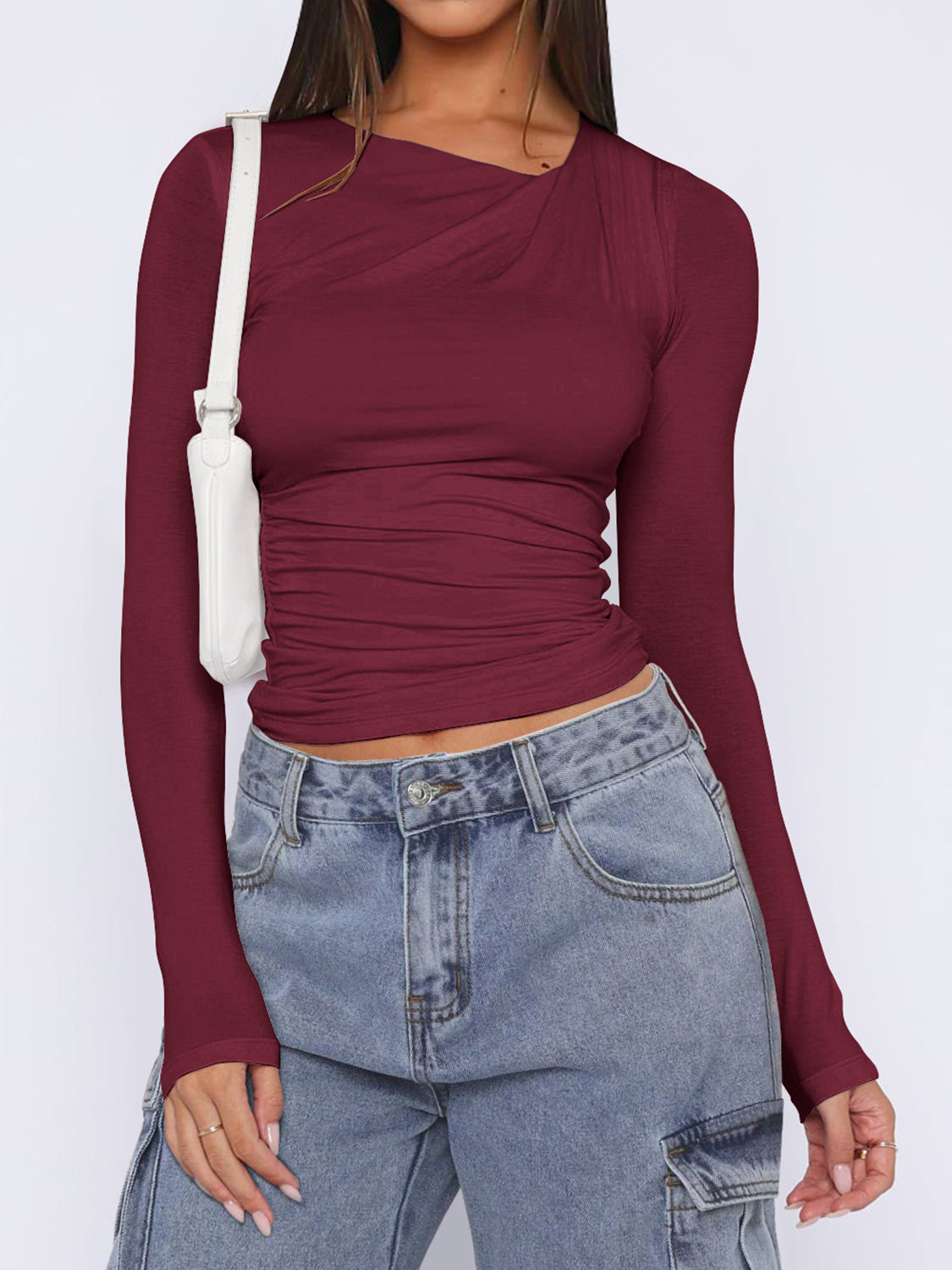 Ruched Asymmetrical Neck Long Sleeve T-Shirt - felvior