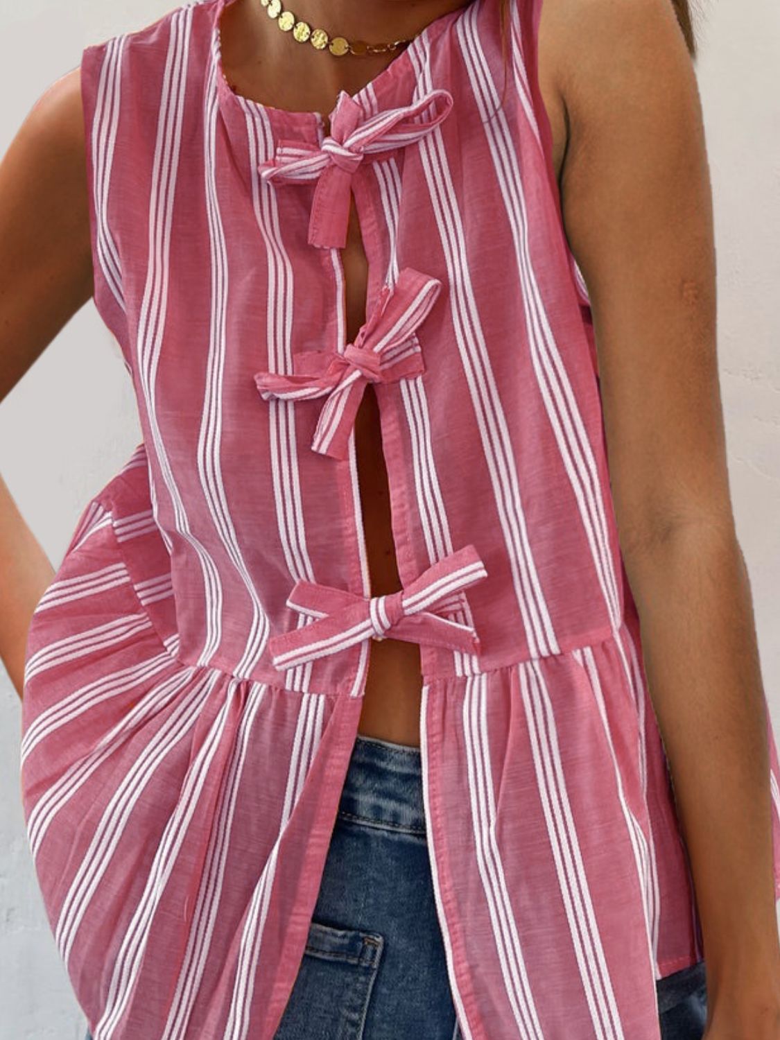 Tied Striped Round Neck Tank - felvior