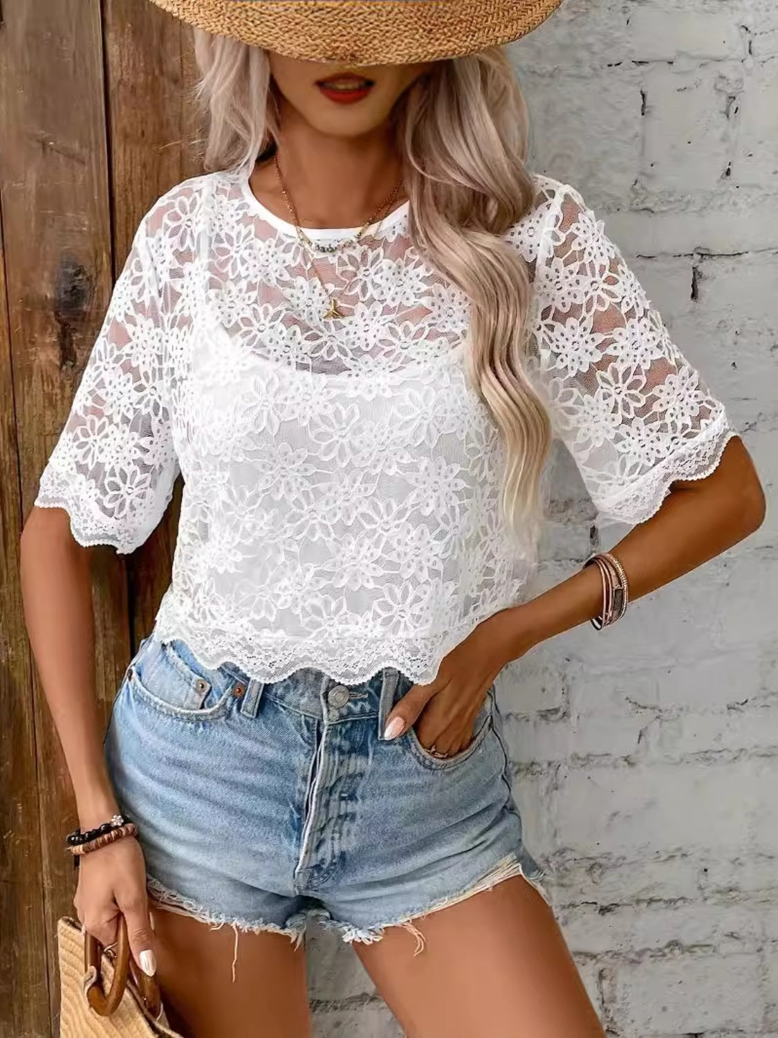 Flower Texture Round Neck Short Sleeve Top Secondary image