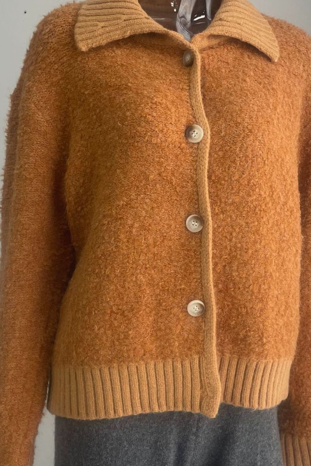 Collared Neck Button Down Long Sleeve Cardigan - felvior