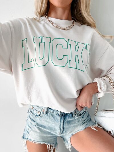 LUCKY Graphic Round Neck Long Sleeve Sweatshirt - felvior