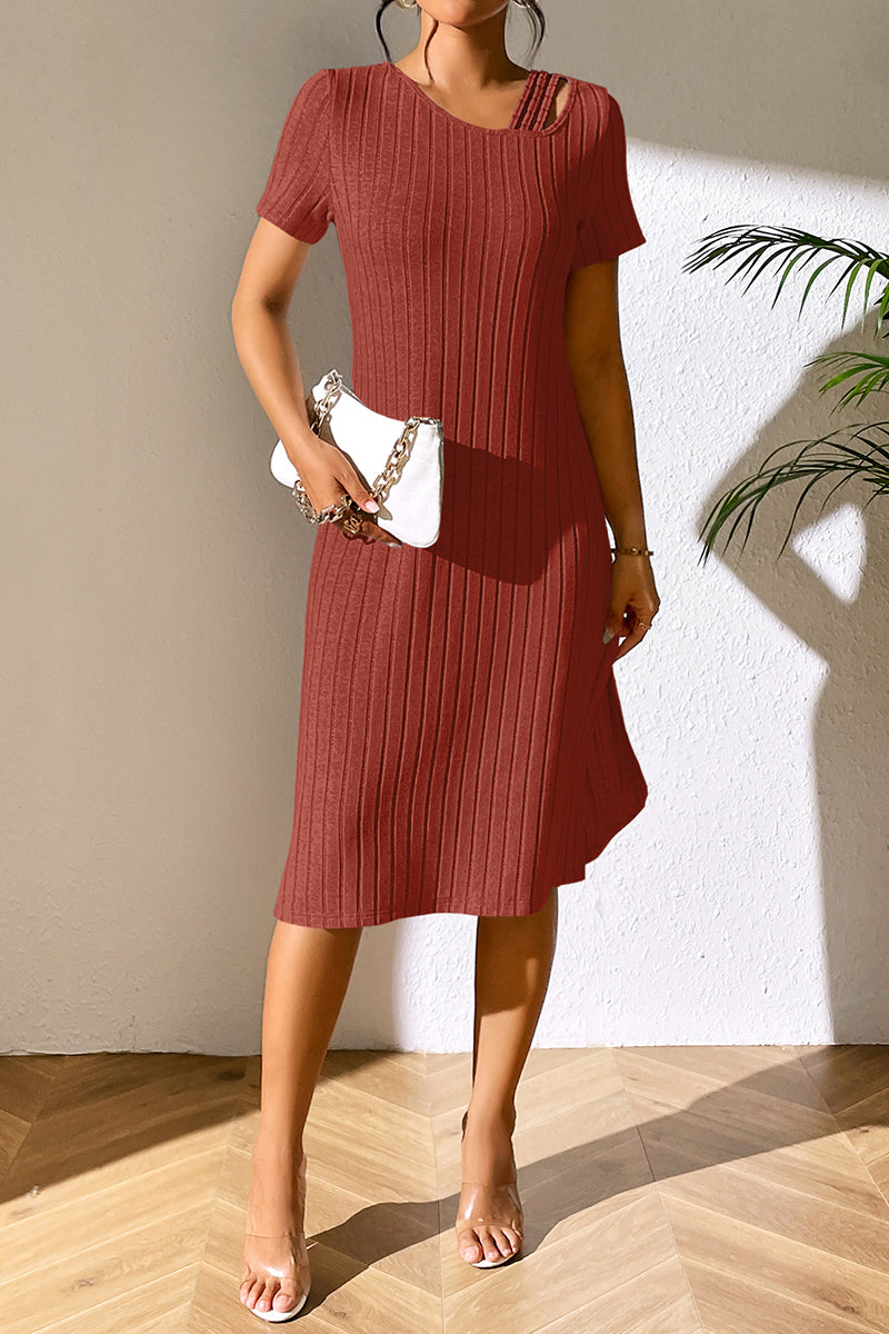 Ivy Lane Ribbed Asymmetrical Neck Short Sleeve Dress - felvior