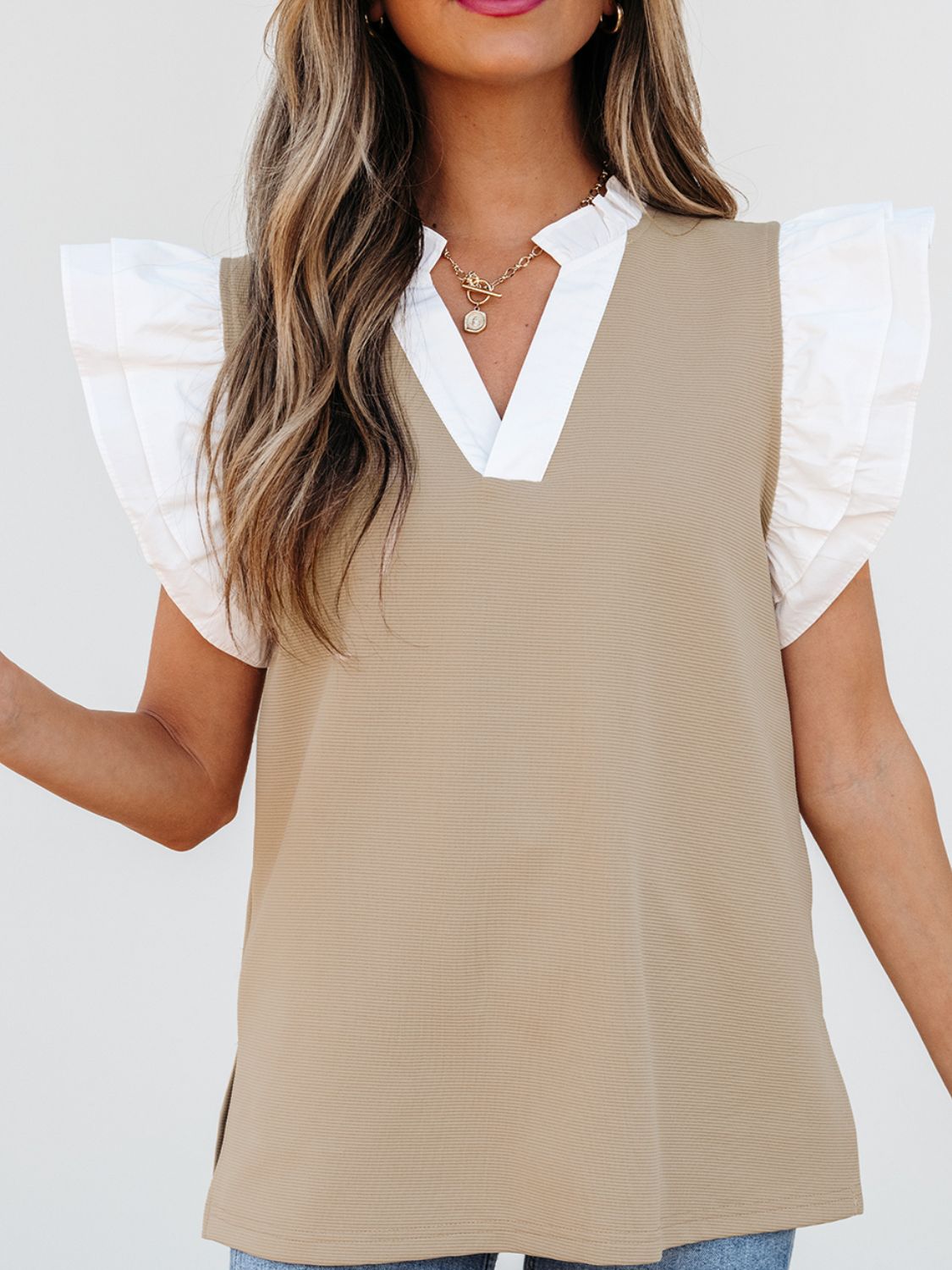 Ruffled Notched Cap Sleeve Top - felvior