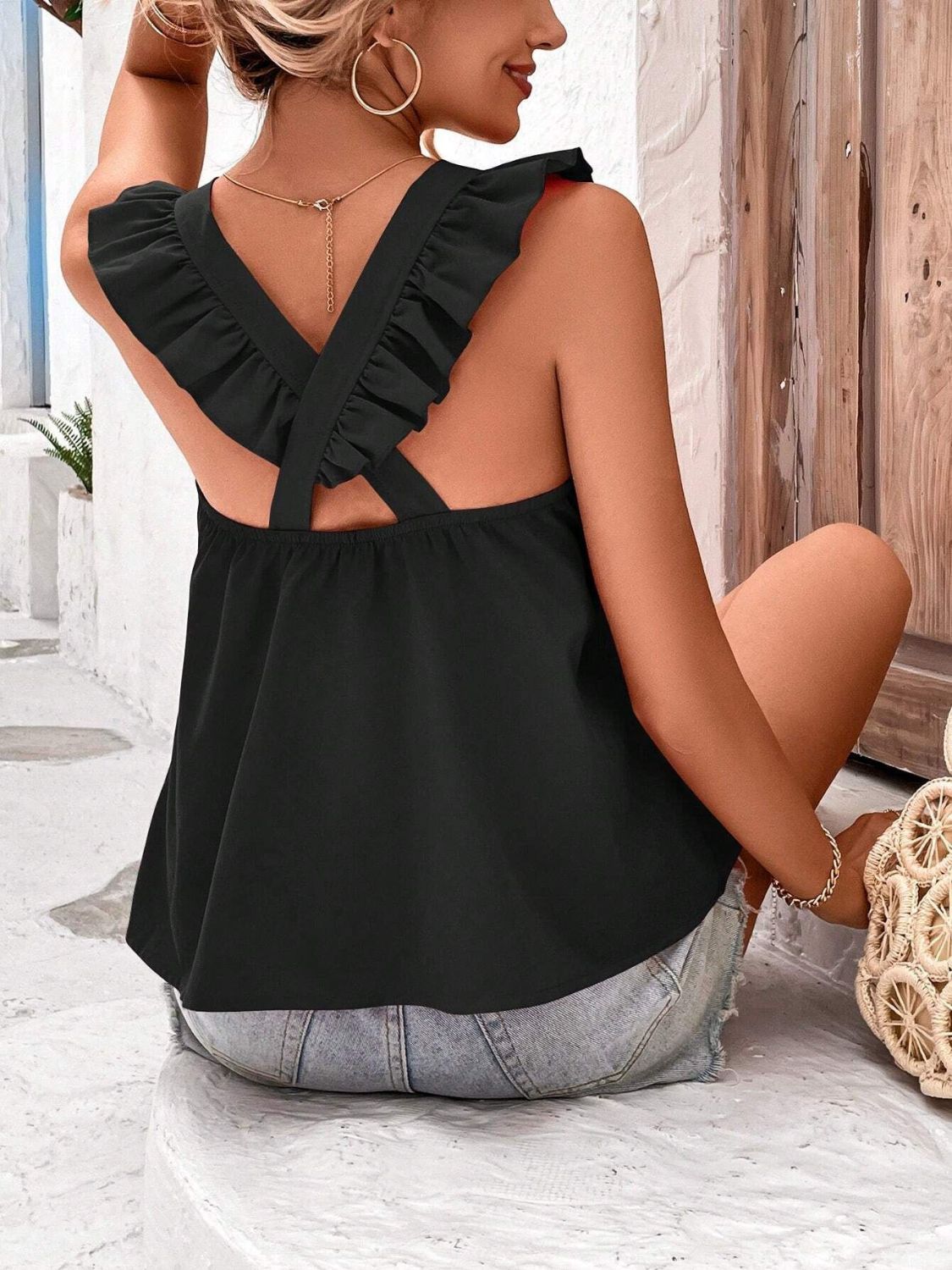 Crisscross Back Ruffled Round Neck Cap Sleeve Blouse - felvior