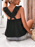 Crisscross Back Ruffled Round Neck Cap Sleeve Blouse - felvior