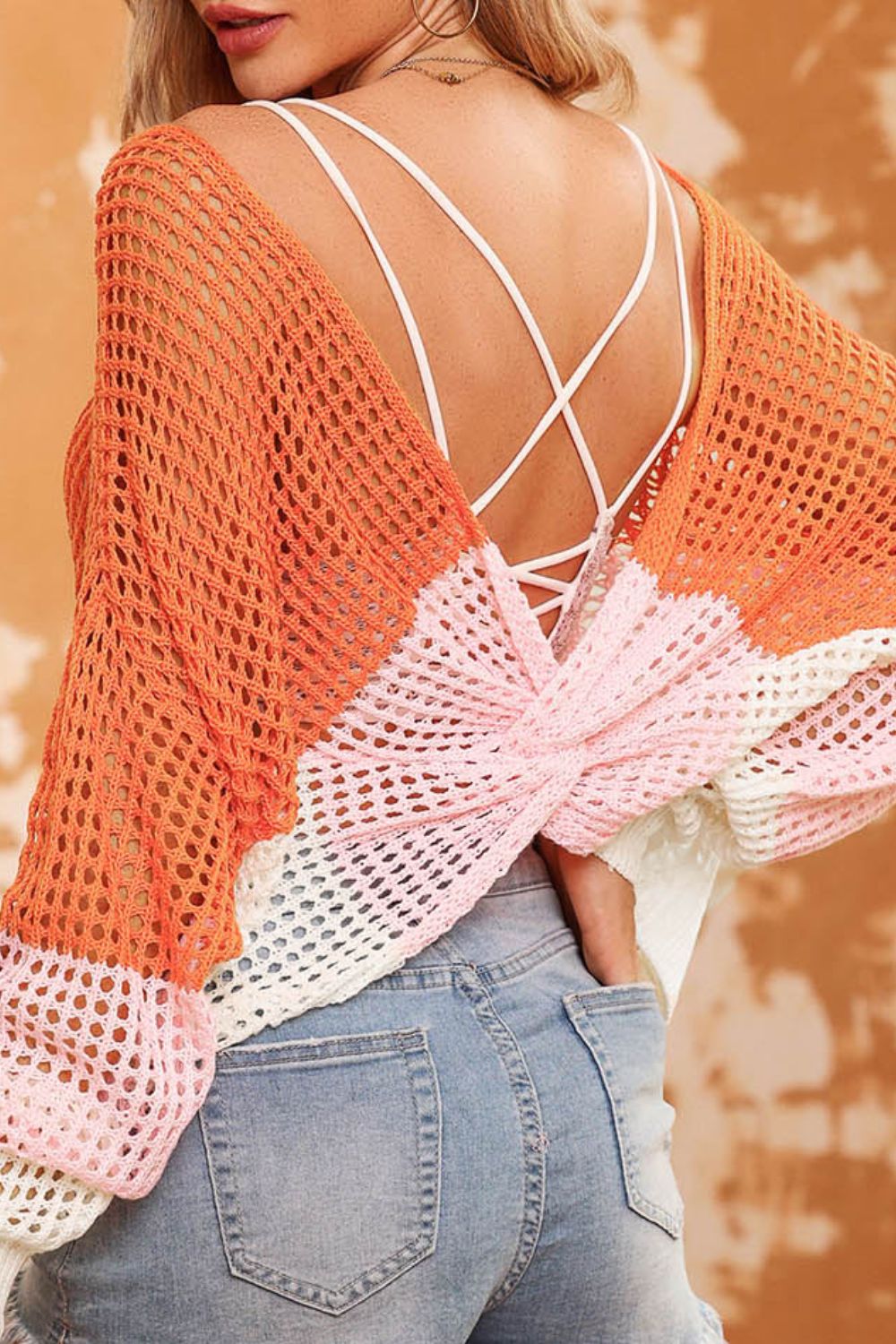 Twisted Back Round Neck Contrast Knit Cover Up Secondary image