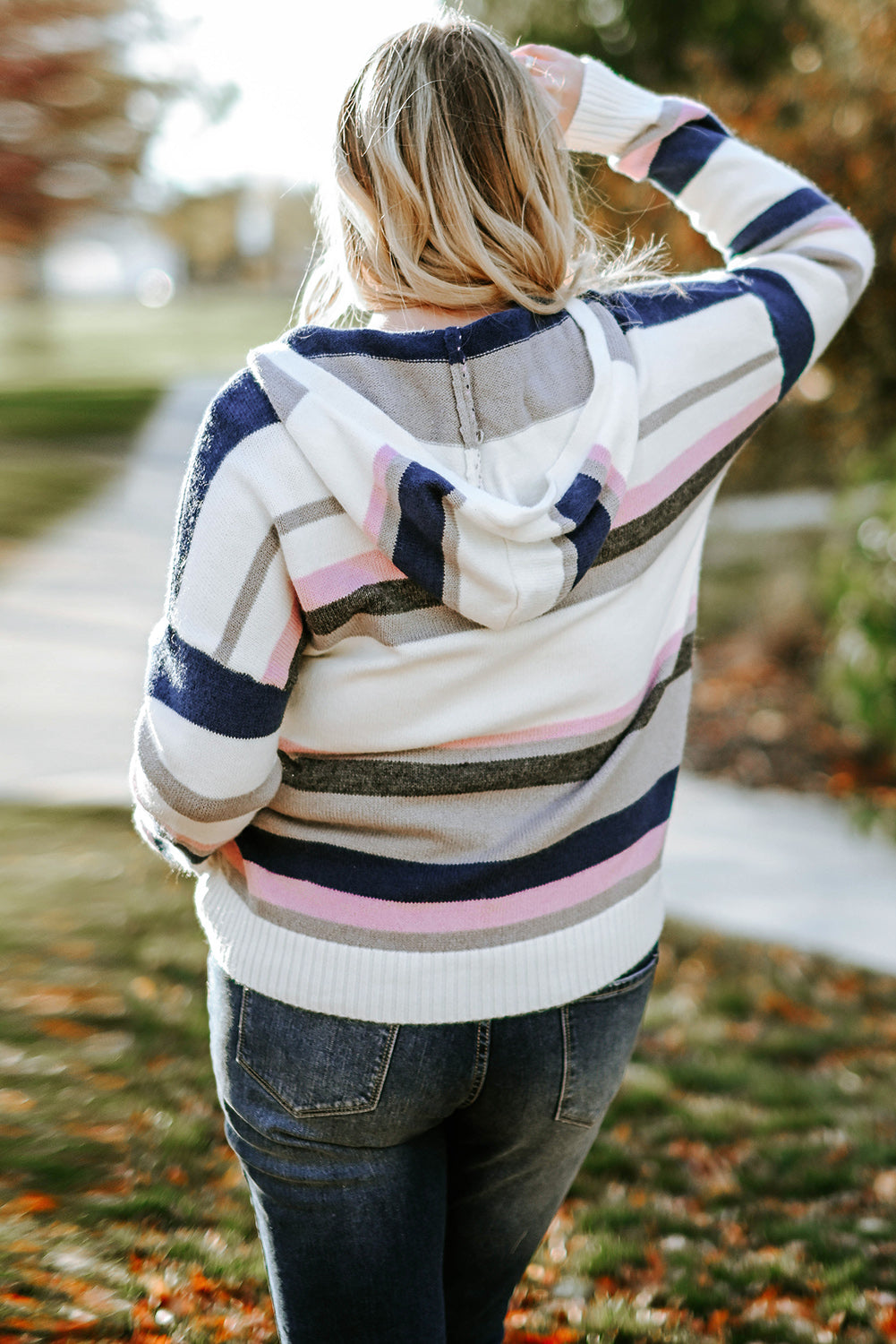 Plus Size Striped Long Sleeve Hooded Sweater - felvior