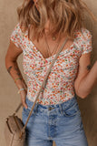 Printed Ruched Short Sleeve Bodysuit - felvior