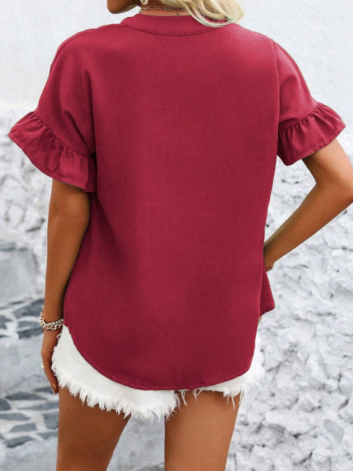 Button Down Ruffled Short Sleeve Shirt - felvior