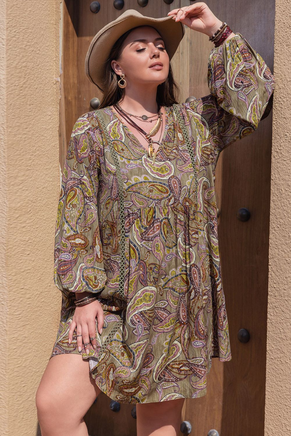 Plus Size Printed V-Neck Long Sleeve Midi Dress - felvior