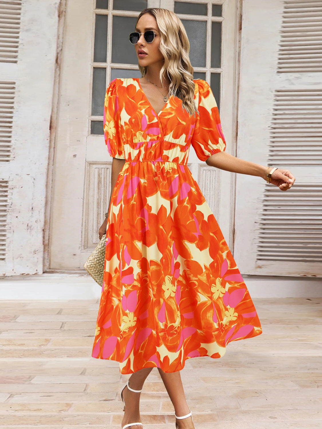 Ruched Printed Surplice Short Sleeve Dress - felvior