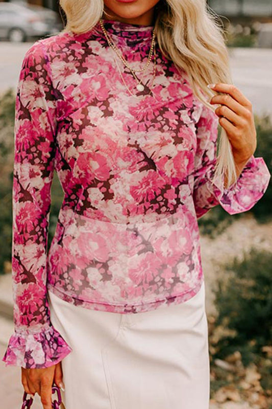Floral Turtleneck Flounce Sleeve Blouse - felvior