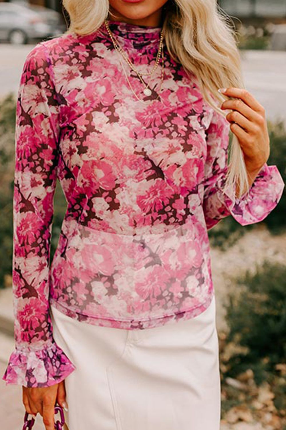 Floral Turtleneck Flounce Sleeve Blouse - felvior