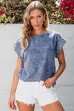 Pearl Trim Round Neck Cap Sleeve Denim Top - felvior