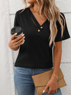 Ribbed V-Neck Short Sleeve T-Shirt