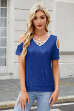 Sequin Cold Shoulder Short Sleeve Blouse