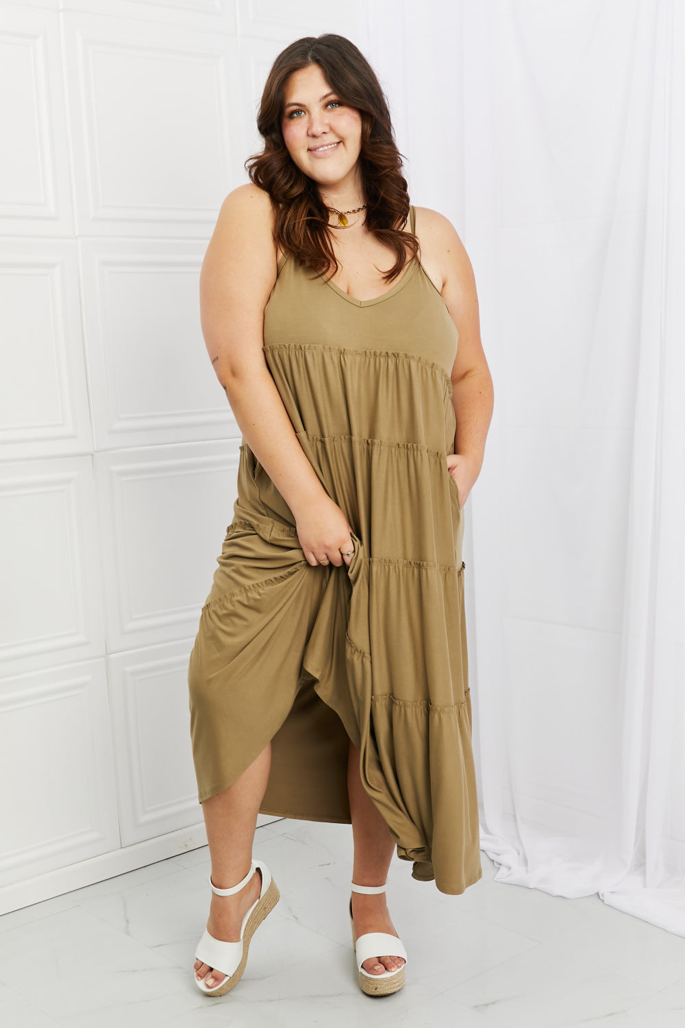 Zenana Full Size Spaghetti Strap Tiered Dress with Pockets in Khaki - felvior