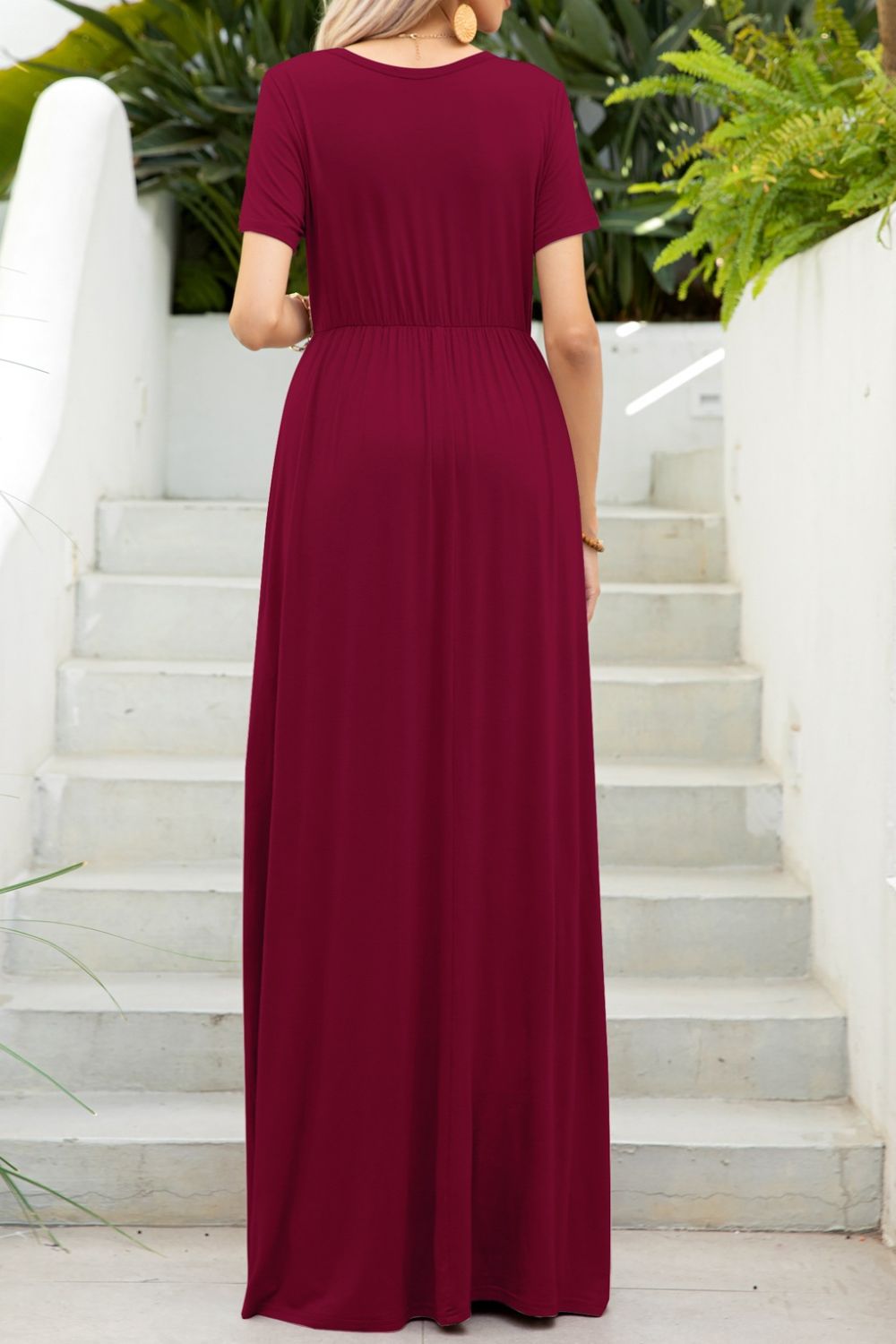 Round Neck Maxi Tee Dress with Pockets - felvior