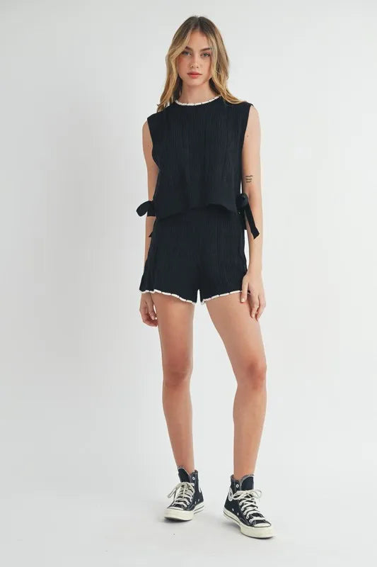 MABLE Side Tie Detail Knit Vest and Shorts Set - felvior