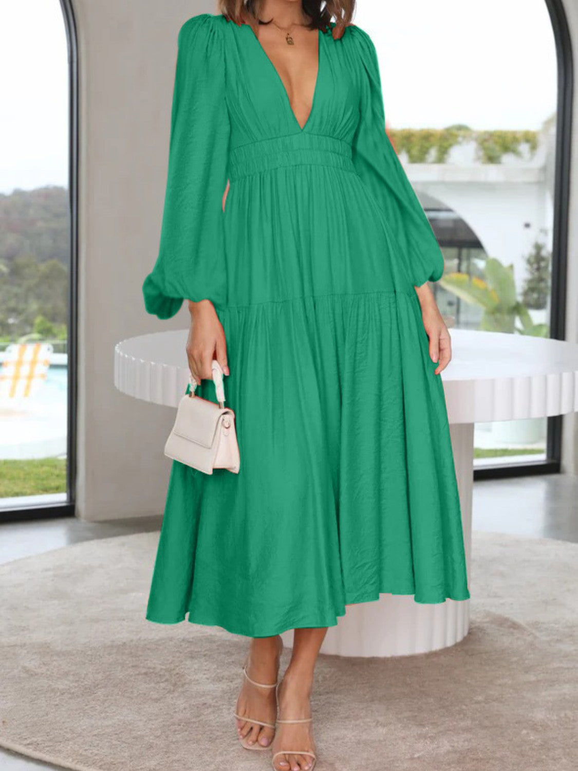Deep V-Neck Balloon Sleeve Plain Maxi Dress - felvior