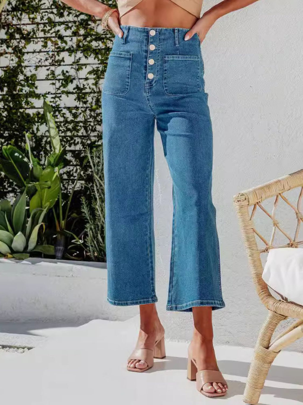 Button Fly Cropped Jeans with Pockets