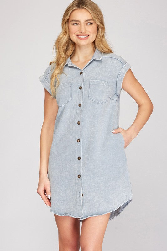 She + Sky Full Size Folded Cuff Button Down Washed Twill Shirt Dress Plus Size Hauptbild
