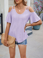 Florira Round Neck Cold Shoulder Eyelet T-Shirt