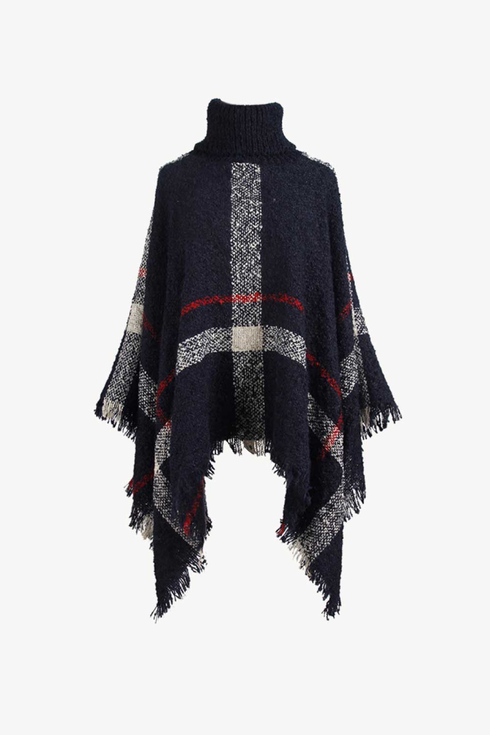Plaid Turtleneck Raw Hem Poncho - felvior