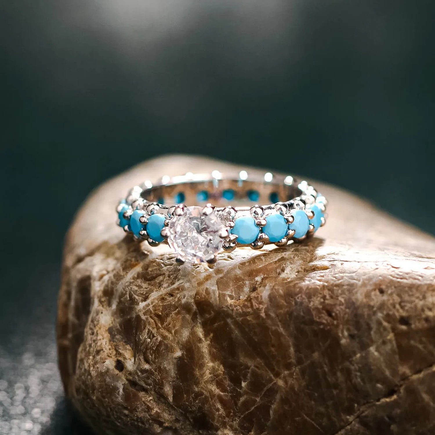 Inlaid Artificial Turquoise Zircon 925 Sterling Silver Ring - felvior