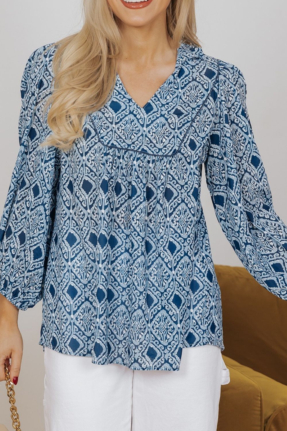 Geometric Print Frilled Notched Blouse