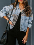 Distressed Leopard Drop Shoulder Denim Jacket - felvior
