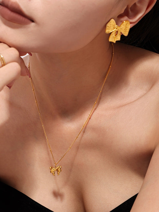 18K Gold-Plated Stainless Steel Bow Earrings and Necklace Set - felvior