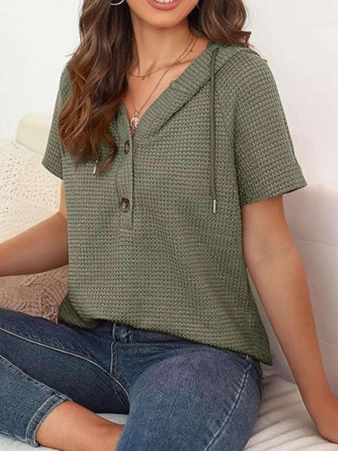 Drawstring Waffle-Knit Short Sleeve Hooded Top