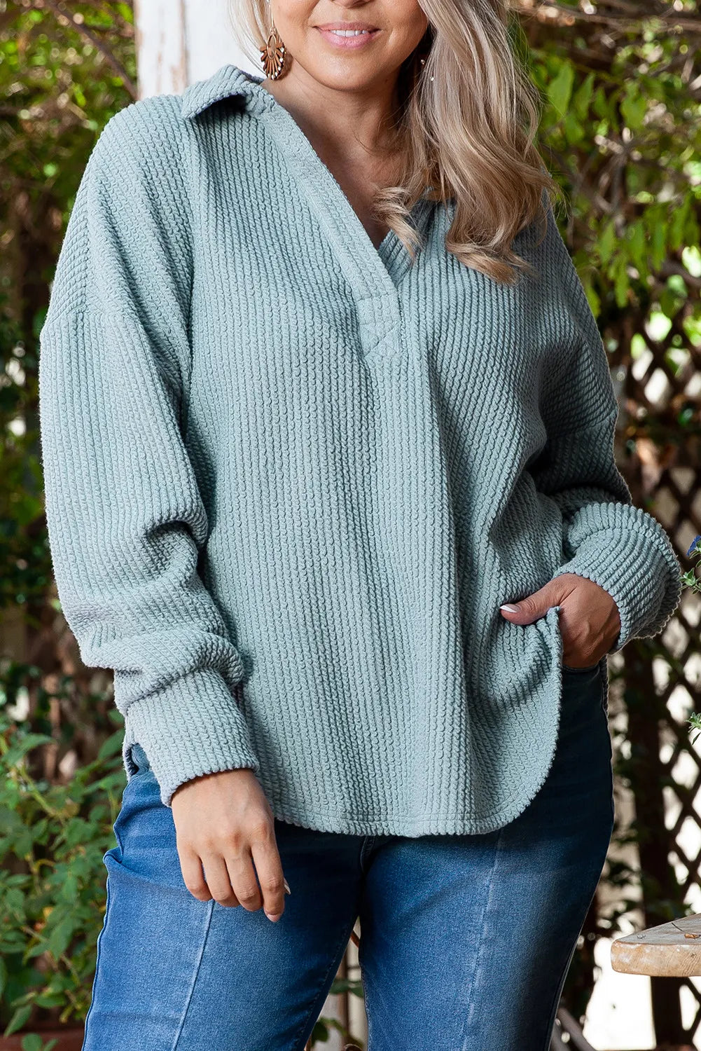 Plus Size Textured Johnny Collar Long Sleeve Sweatshirt Main image