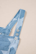 Star Print Square Neck Denim Overalls